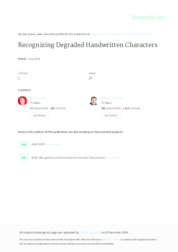(PDF) Recognizing Degraded Handwritten Characters