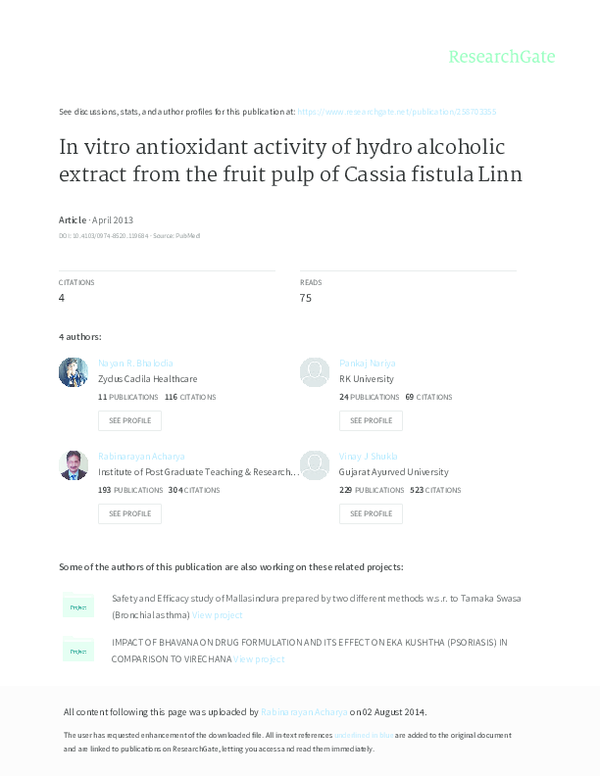 (PDF) In vitro antioxidant activity of hydro alcoholic extract from the ...