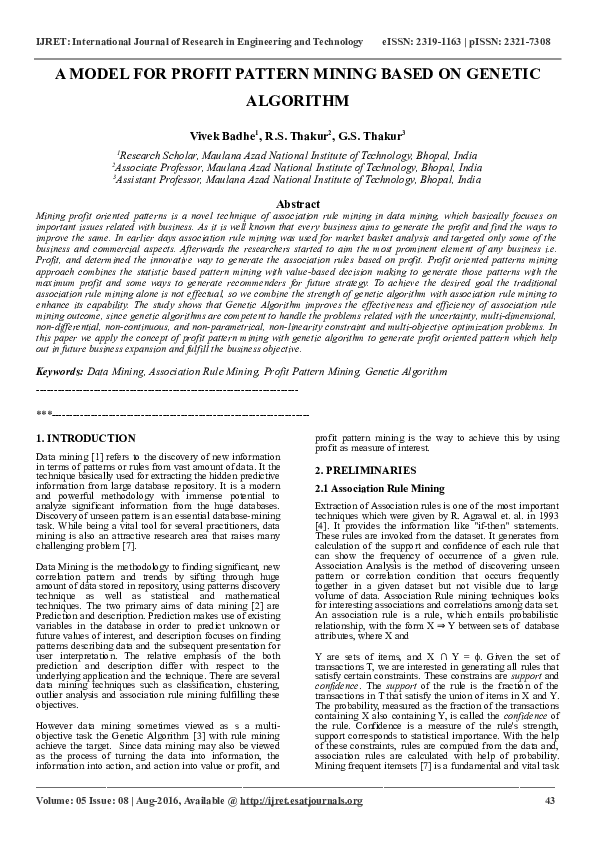 (DOC) A MODEL FOR PROFIT PATTERN MINING BASED ON GENETIC ALGORITHM