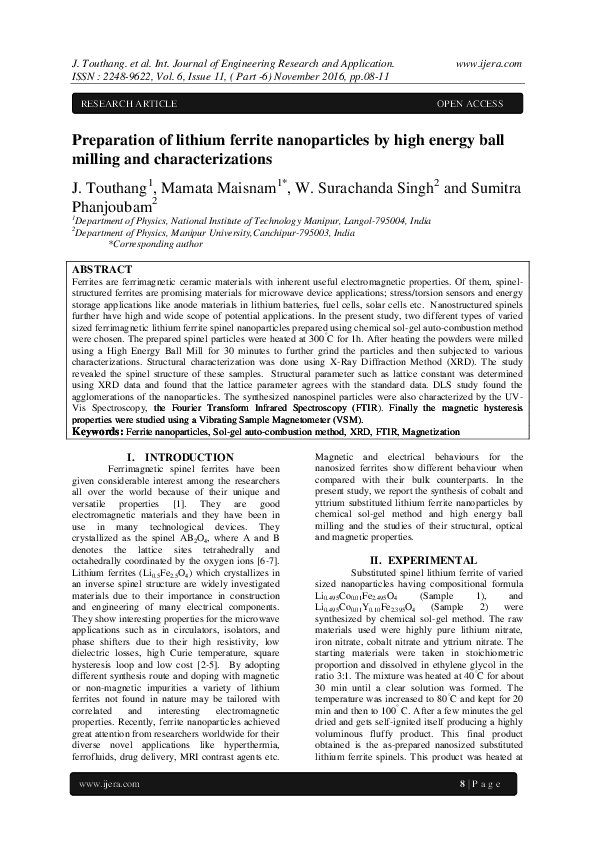 (PDF) Preparation of lithium ferrite nanoparticles by high energy ball