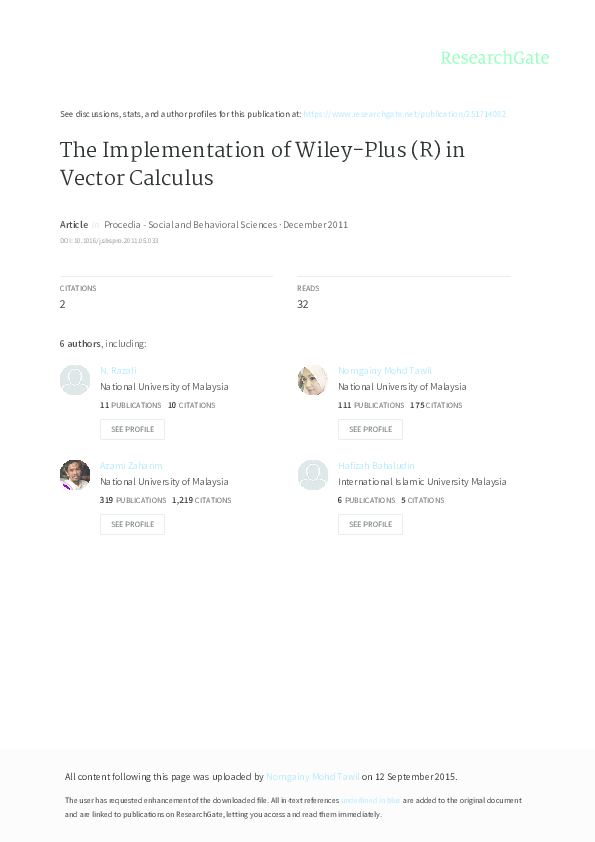 (PDF) The Implementation of Wiley-Plus® in Vector Calculus