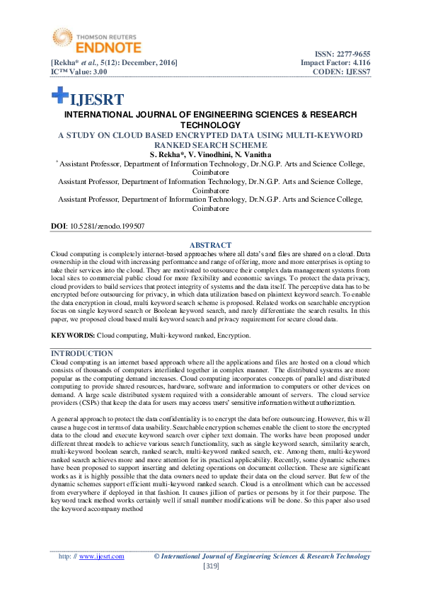 (PDF) A STUDY ON CLOUD BASED ENCRYPTED DATA USING MULTI-KEYWORD RANKED ...