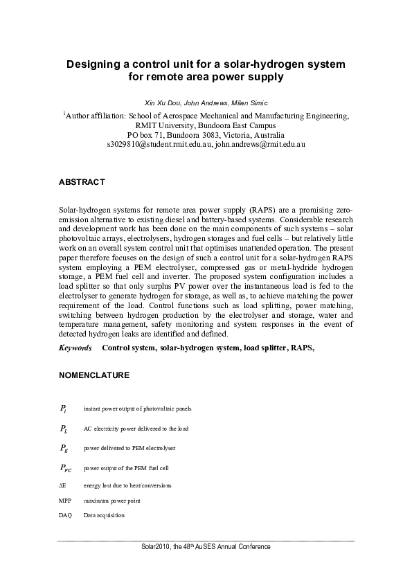 (PDF) Designing a control unit for a solar-hydrogen system for remote ...