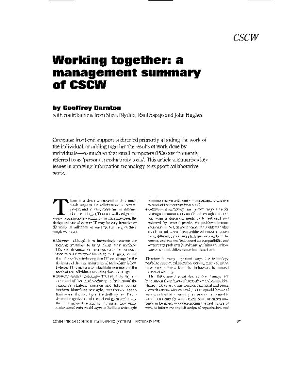 (PDF) Working together: a management summary of CSCW