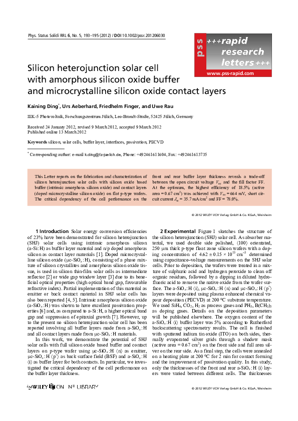 (PDF) Silicon heterojunction solar cell with amorphous silicon oxide ...