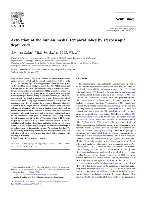 (PDF) Activation of the human medial temporal lobes by stereoscopic ...