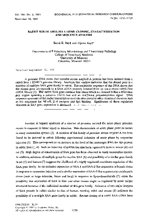 (PDF) Rabbit serum amyloid a gene: Cloning, characterization and ...