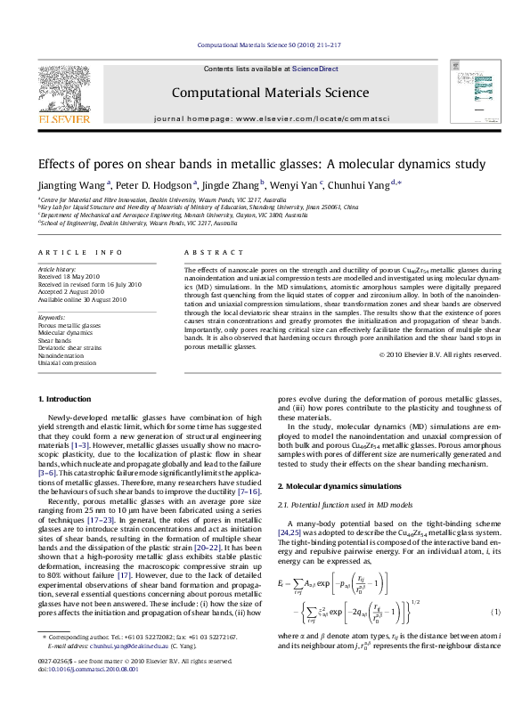 (PDF) Effects of pores on shear bands in metallic glasses A molecular