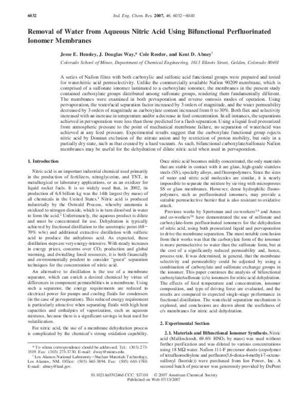 (PDF) Removal of Water from Aqueous Nitric Acid Using Bifunctional