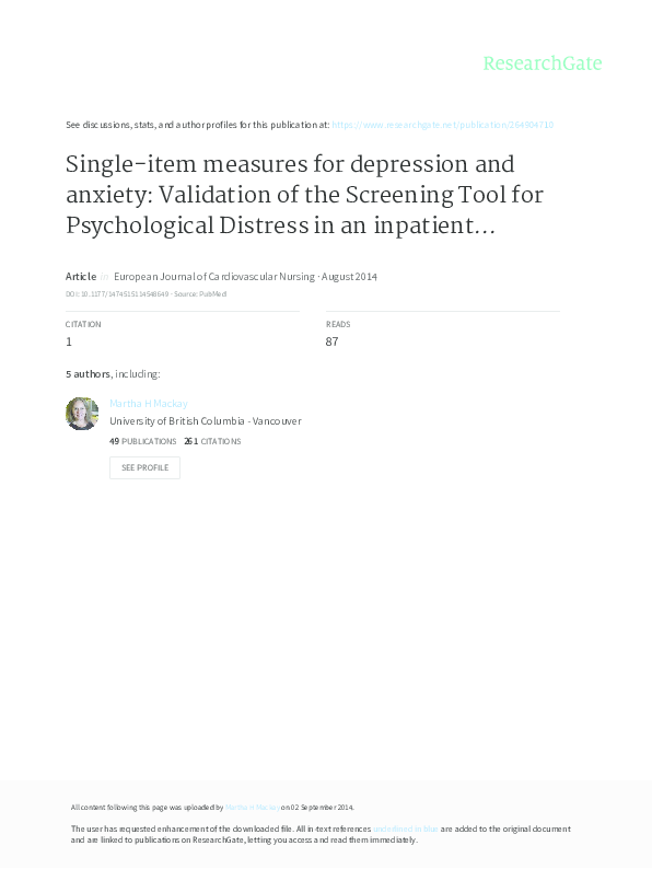 (PDF) Singleitem measures for depression and anxiety Validation of