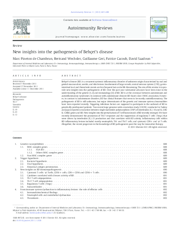 (PDF) New insights into the pathogenesis of Behçet's disease