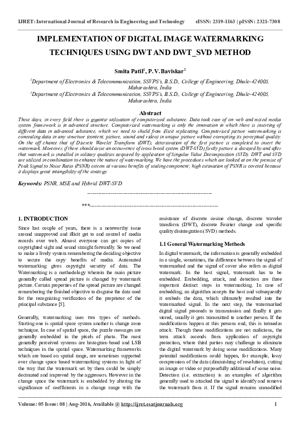 (DOC) IMPLEMENTATION OF DIGITAL IMAGE WATERMARKING TECHNIQUES USING DWT ...