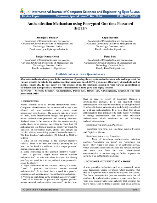(PDF) Authentication Mechanism using Encrypted One time Password (EOTP