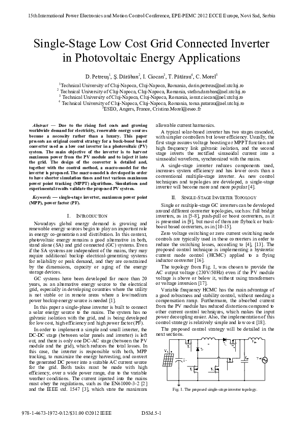 (PDF) Single-Stage Low Cost Grid Connected Inverter in Photovoltaic ...