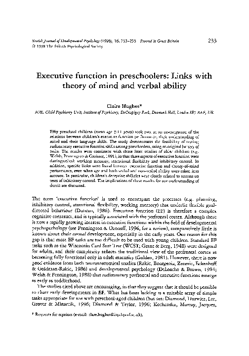 (PDF) Executive function in preschoolers: Links with theory of mind and ...
