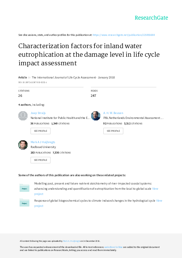 (PDF) Characterization factors for inland water eutrophication at the ...