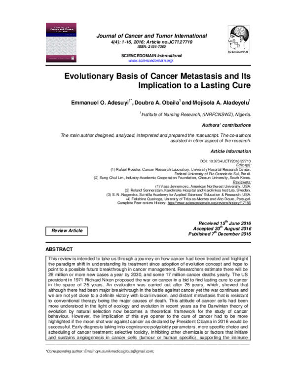 (PDF) Evolutionary Basis of Cancer Metastasis and Its Implication to a ...