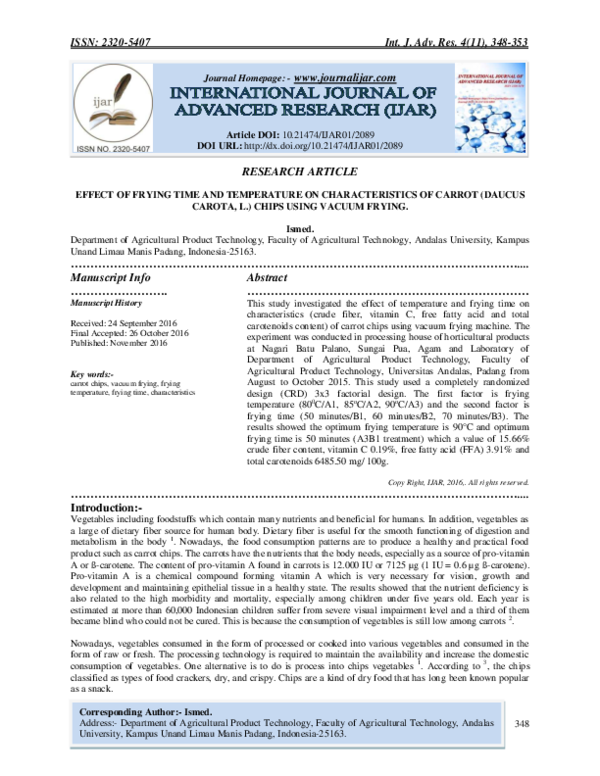 (PDF) EFFECT OF FRYING TIME AND TEMPERATURE ON CHARACTERISTICS OF CARROT (DAUCUS CAROTA, L