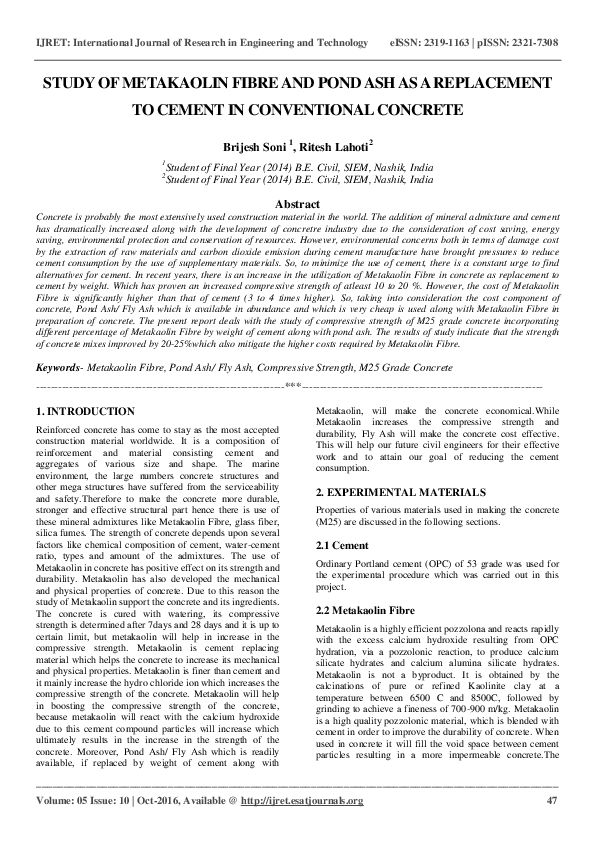 (PDF) STUDY OF METAKAOLIN FIBRE AND POND ASH AS A REPLACEMENT TO CEMENT ...
