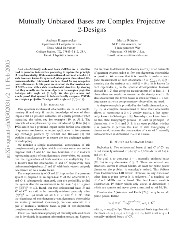 (PDF) Mutually unbiased bases are complex projective 2-designs. ArXiv