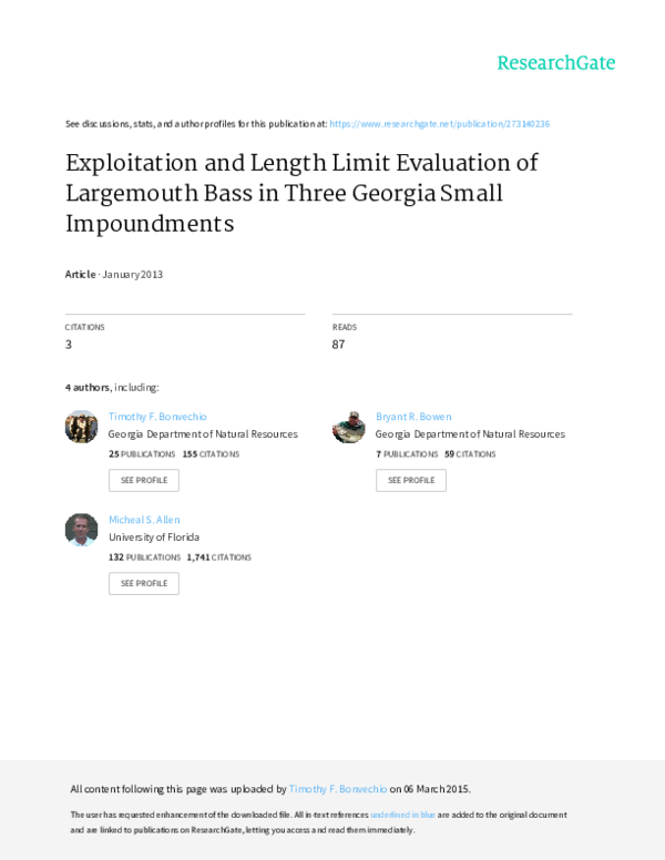 (PDF) Exploitation and Length Limit Evaluation of Largemouth Bass in Three Small