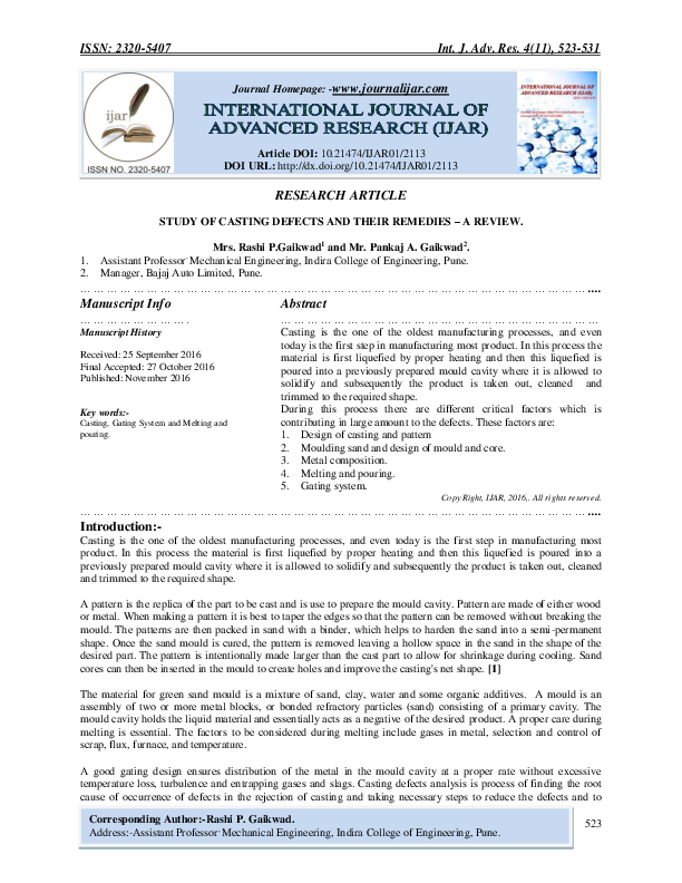 (PDF) STUDY OF CASTING DEFECTS AND THEIR REMEDIES A REVIEW IJAR Indexing Academia.edu