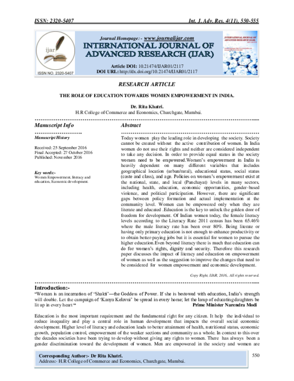 (PDF) THE ROLE OF EDUCATION TOWARDS WOMEN EMPOWERMENT IN INDIA
