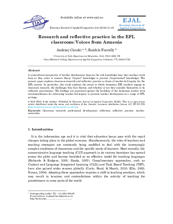 (PDF) Research and reflective practice in the EFL classroom: Voices ...