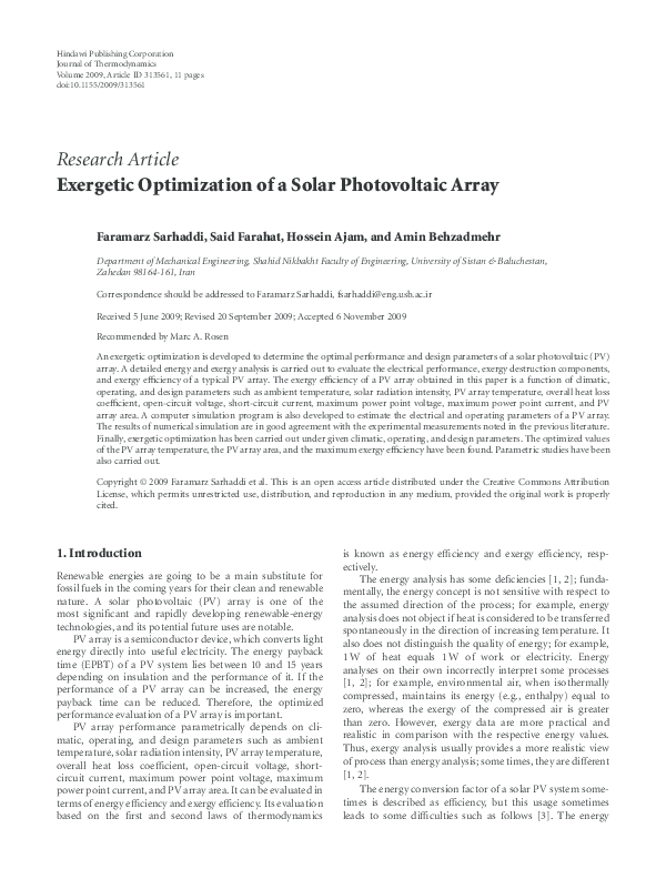 (PDF) Exergetic Optimization of a Solar Photovoltaic Array