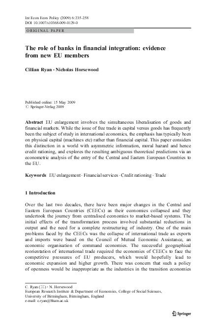 (PDF) The role of banks in financial integration: evidence from new EU ...