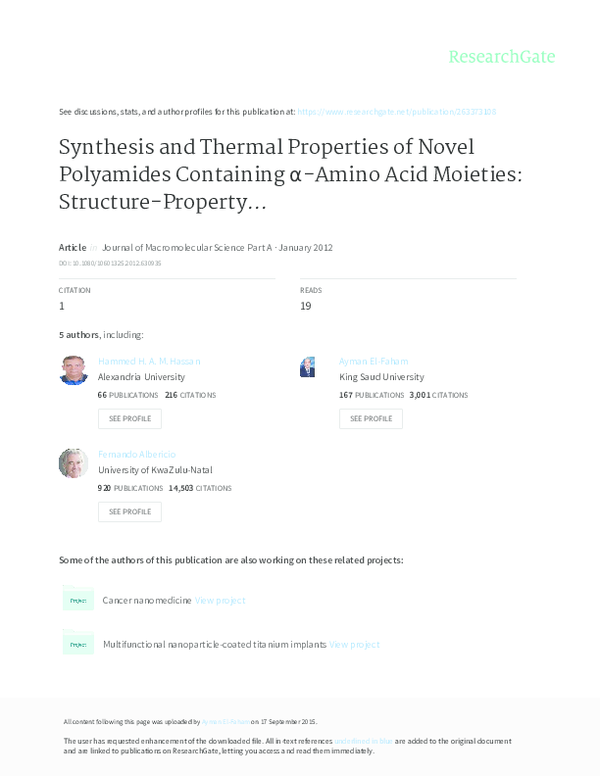 (PDF) Synthesis and Thermal Properties of Novel Polyamides Containing α ...