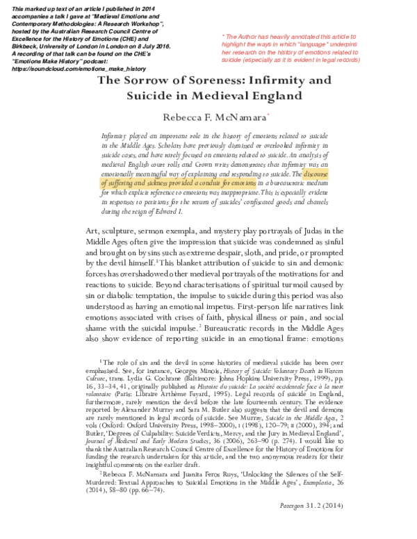 The Sorrow of Soreness: Infirmity and Suicide in Medieval England
