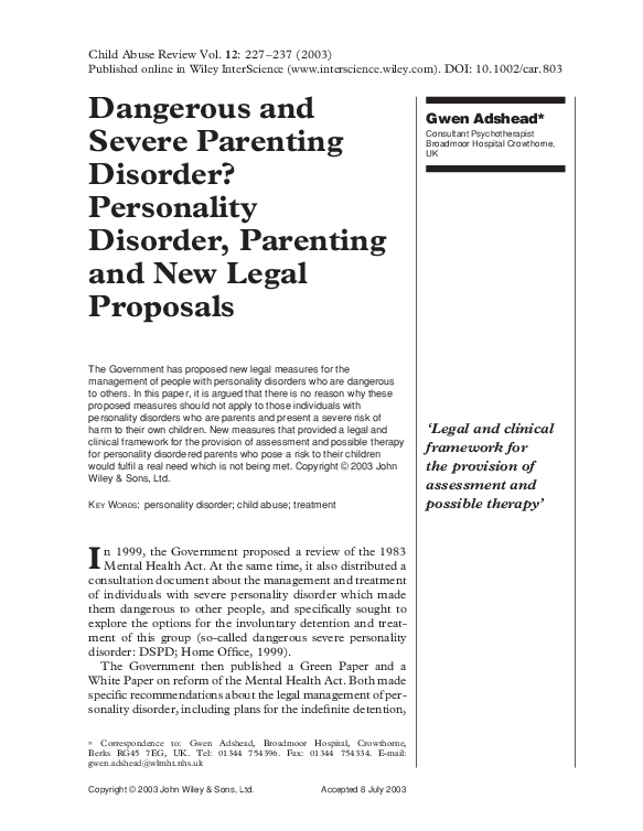 (PDF) Dangerous and severe parenting disorder? Personality disorder ...