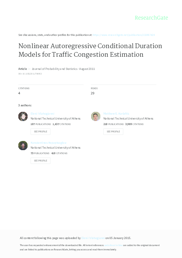 (PDF) Nonlinear Autoregressive Conditional Duration Models for Traffic ...
