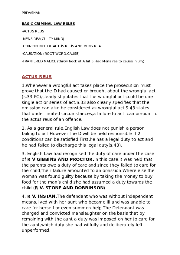 (DOC) BASIC CRIMINAL LAW RULES -ACTUS REUS -MENS REA(GUILTY MIND ...