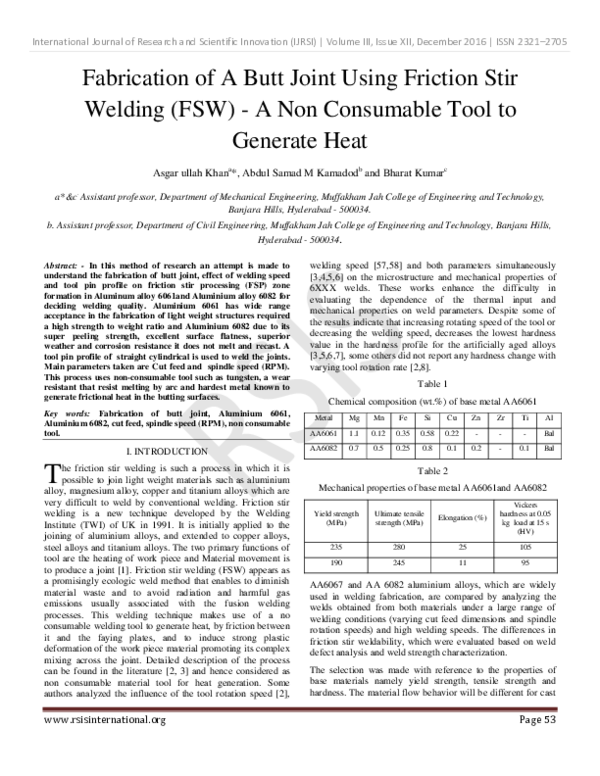 (PDF) Fabrication of A Butt Joint Using Friction Stir Welding (FSW) A