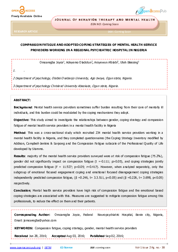 (PDF) COMPASSION FATIGUE AND ADOPTED COPING STRATEGIES OF MENTAL HEALTH ...