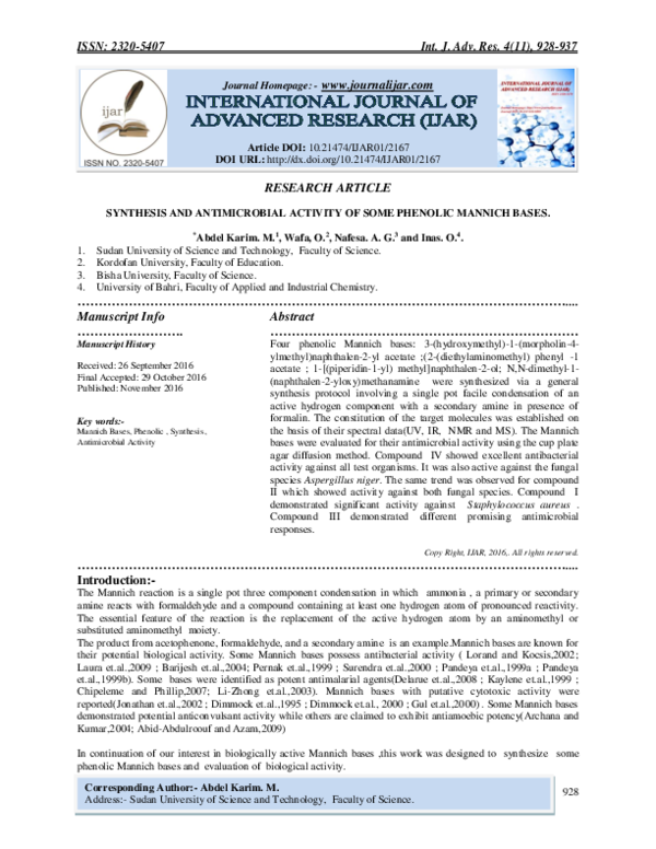 (PDF) SYNTHESIS AND ANTIMICROBIAL ACTIVITY OF SOME PHENOLIC MANNICH BASES