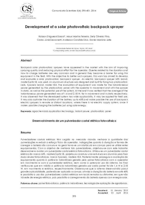 (PDF) Development of a solar photovoltaic backpack sprayer Delly Oliveira Academia.edu