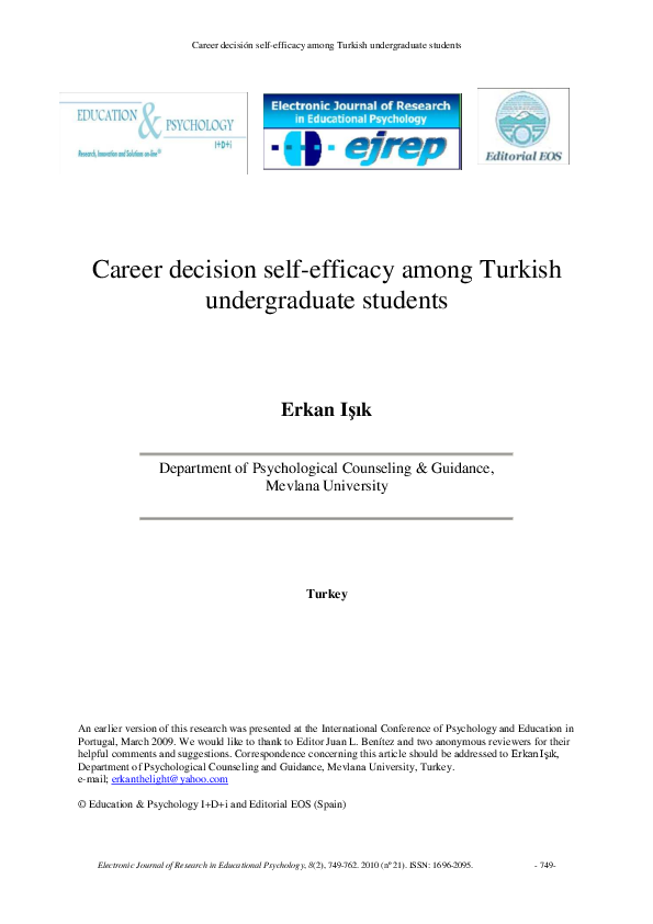 (PDF) Career decision self-efficacy among Turkish undergraduate students