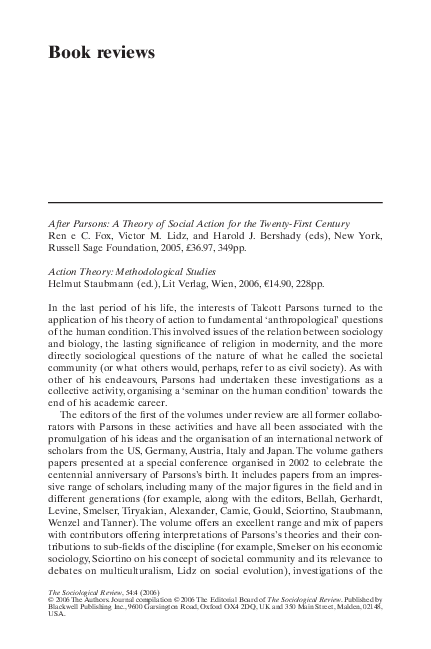 (PDF) Book reviews: After Parsons: A Theory of Social Action for the ...