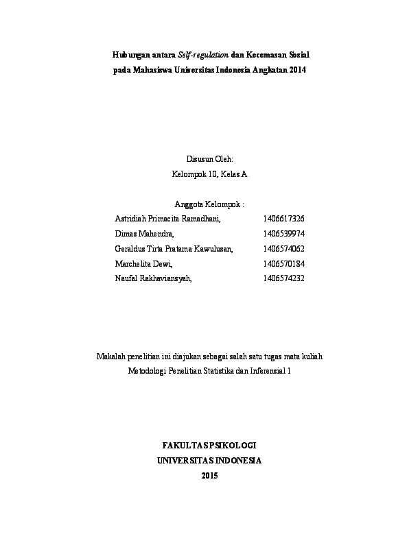 Pdf Hubungan Antara Self Regulation Dan Kecemasan Sosial Pada