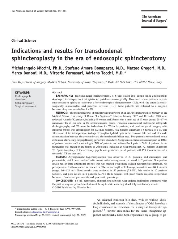 (PDF) Indications and results for transduodenal sphincteroplasty in the