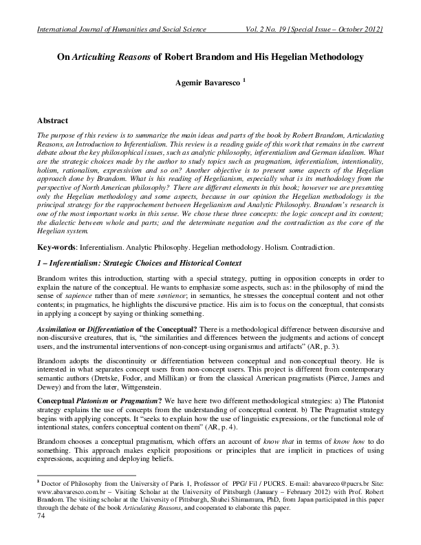 (PDF) On Articulting Reasons of Robert Brandom and His Hegelian