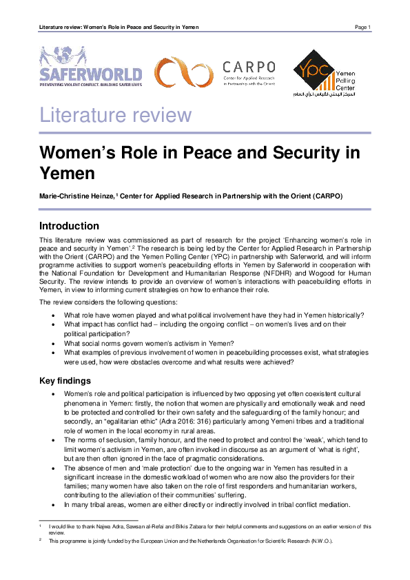 (PDF) Women's Role in Peace and Security in Yemen. Literature review