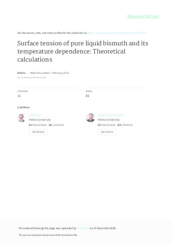 (PDF) Surface tension of pure liquid bismuth and its temperature
