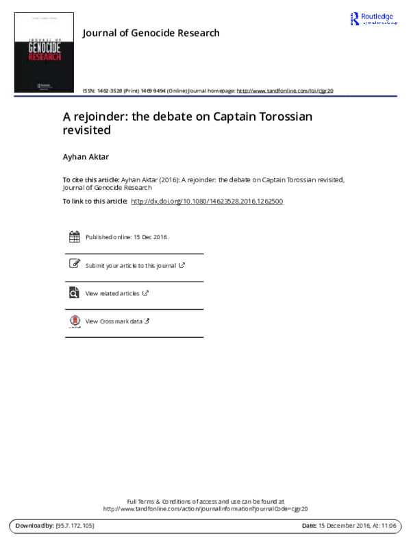 Ayhan Aktar, 'A rejoinder: the debate on Captain Torossian revisited', Journal of Genocide Research, Vol. 18, No. 4,  2017.
