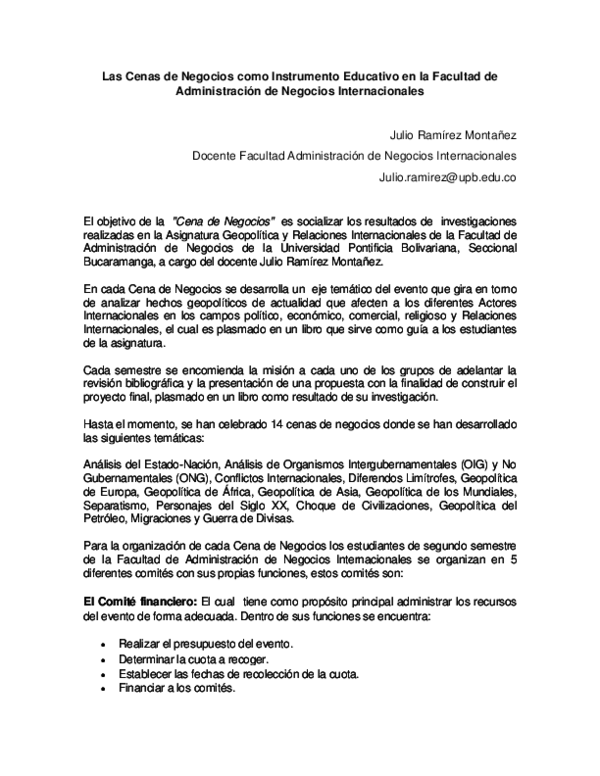 Pdf Las Cenas De Negocios Como Instrumento Educativo En La Facultad De Administracion De Negocios Internacionales Julio Ramirez Montanez Academia Edu