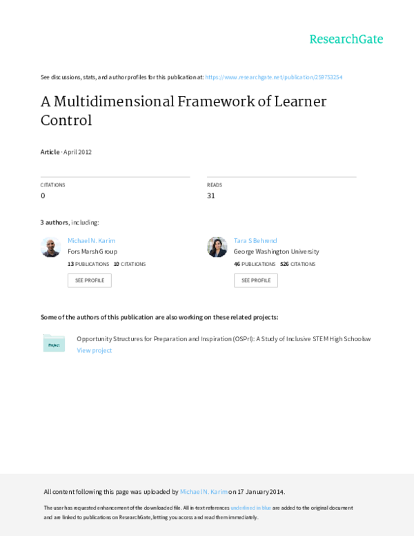 (PDF) A Multidimensional Framework of Learner Control