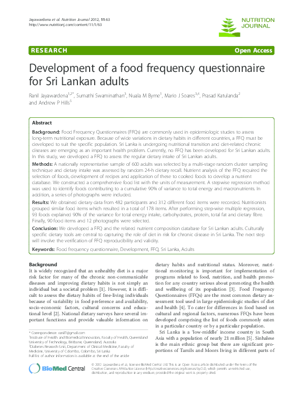 (PDF) Development of a Food Frequency Questionnaire for adults in a populationbased sample in